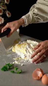 Close-up of hands kneading dough with flour and fresh eggs on a kitchen counter.